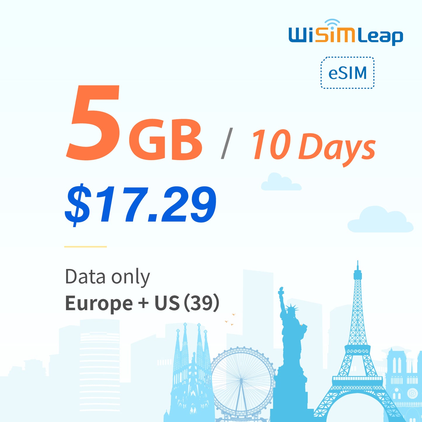 wisimleap eSIM Card Prepaid EU and US 39 Countries Internet Data in 5G 4G LTE Easy Activation No Contact No Romaing Fee Pay as You Go 5GB 10 Day Travel Data